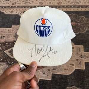 Signed Vintage White Corduroy Oilers Cap